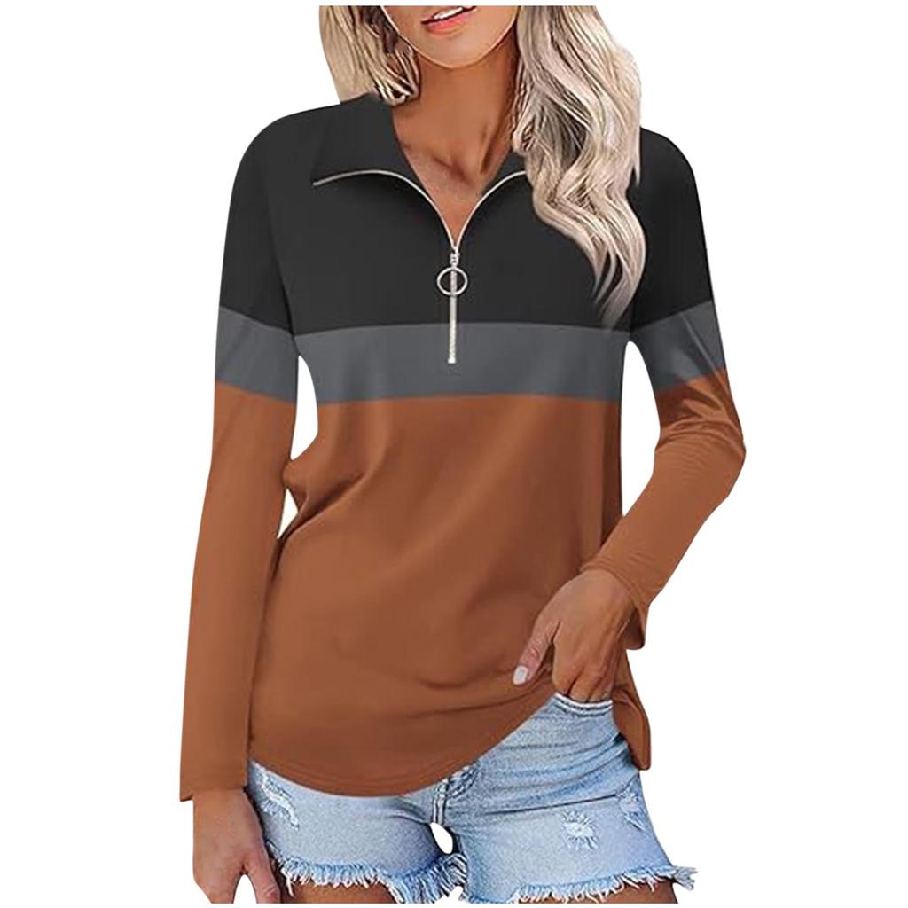 Women's Casual Versatile Fashion Trend Color Matching Zipper Long Sleeve