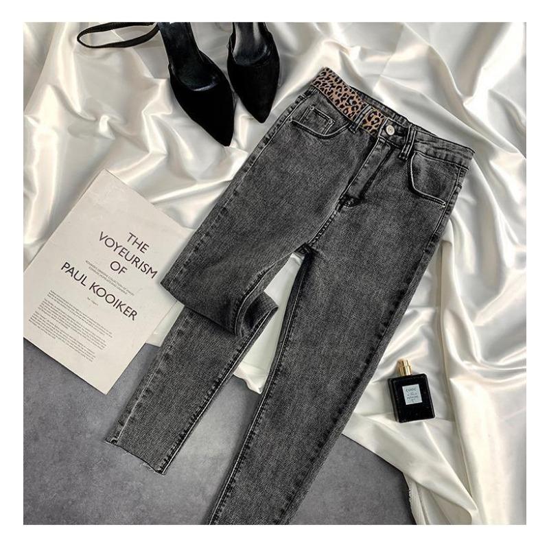 Spliced Leopard Print Stretch High Waist Tight Look Slim Hairy Edge Pencil Foot Pants Winter