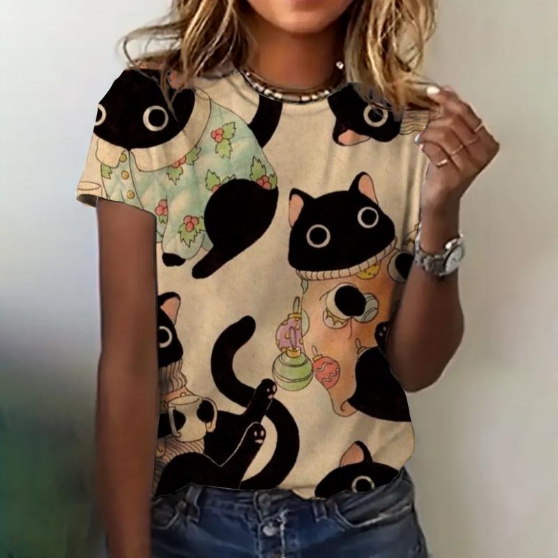 

Women T-shirt Cat Print Clothing 2024 Summer Crewneck Short Sleeve Elegant Casual Top Loose Breathable Women s Clothing T-shirt 8XL