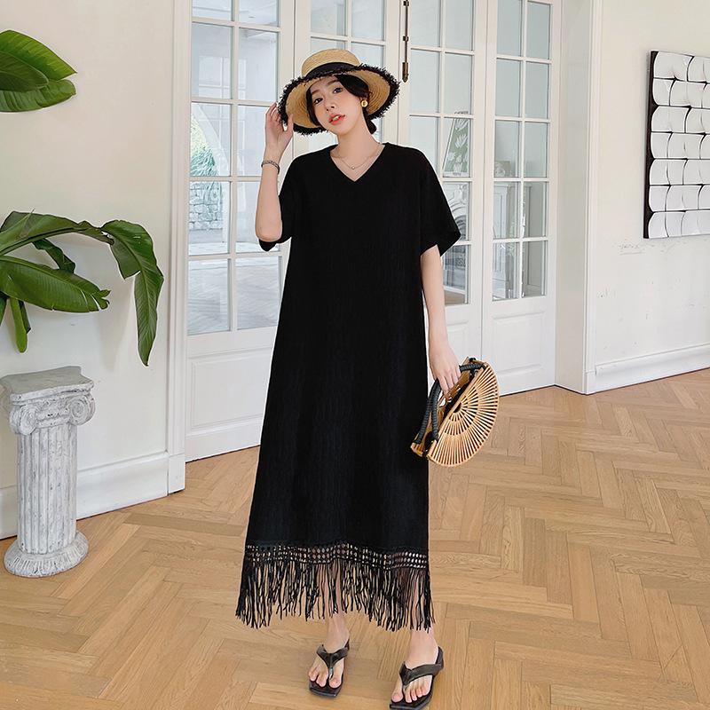 Summer WoMan's Beach Vacation Dress Loose Plus Lace Tassel Short-sleeved Long Dress