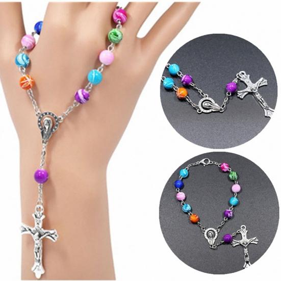 Christianity Goddess Jesus Cross Pendant Colorful Beads Chain Women Bracelet