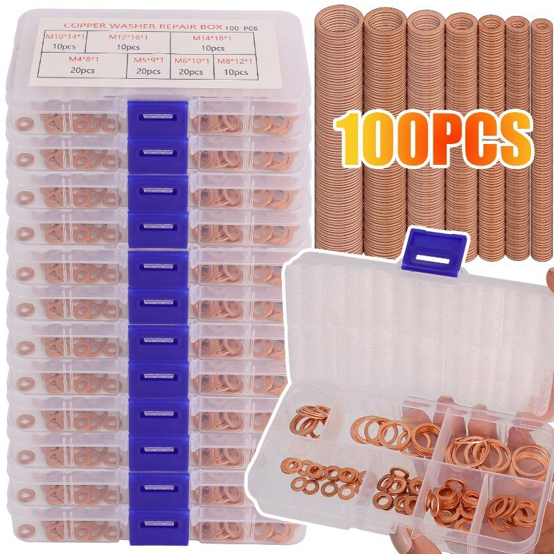100PCS Copper Washer Sealing Gasket Flat Ring Seal Assortment Kit M4 M5 M6 M8 M10 M12 M14 for Sump Plugs