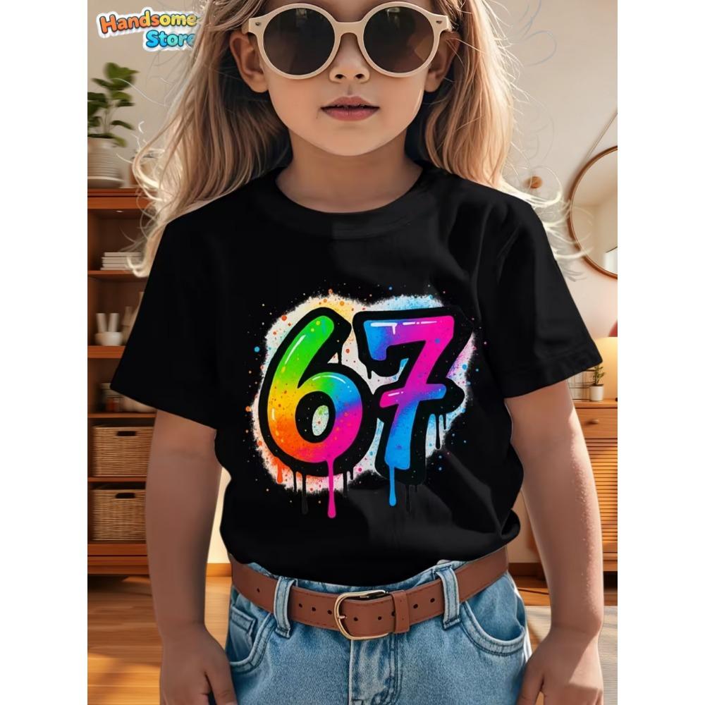 67 Meme T-shirt för Pojkar Flickor Mode Stänkt Bläck 3D-tryck Flickas Kortärmade T-shirts Rundhalsade Toppar Löst Barnkläder