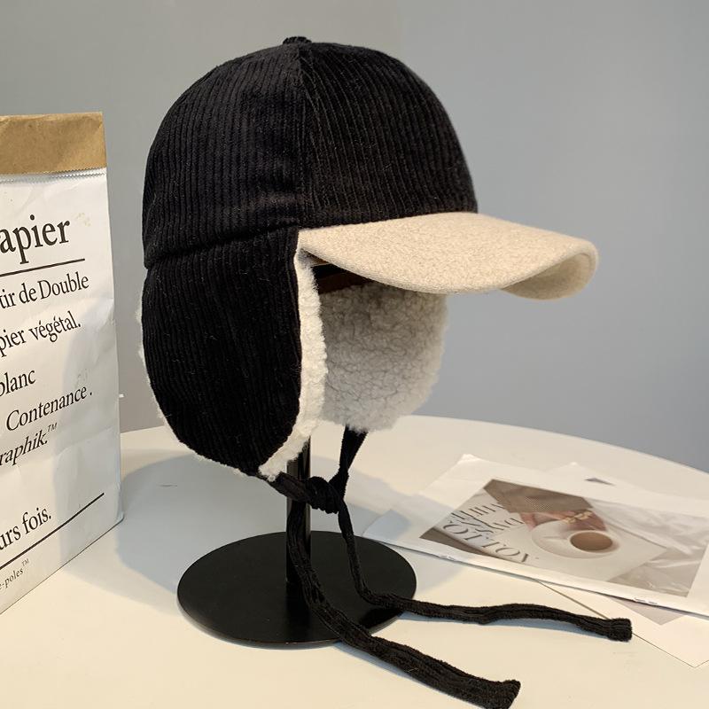 Autumn  Winter Unisex Cycling Ear Protection Fleece-Lined Warm Bomber Hat Vintage Corduroy Color-Blocked Baseball Cap