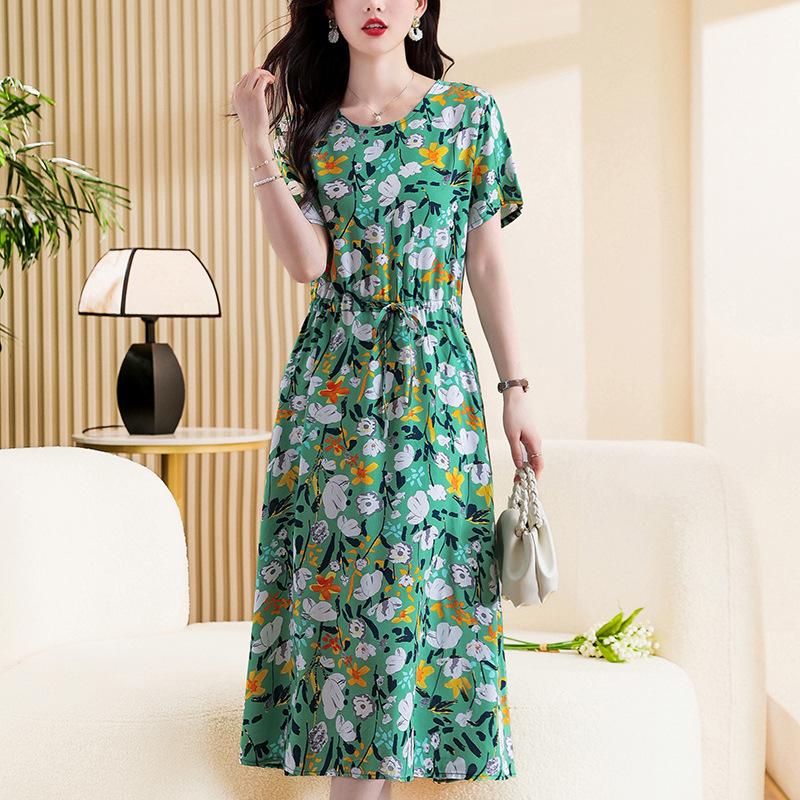 Summer Half Sleeve Print Long Plus Size Dress for Women Casual O-Neck High Waist Slim Ladies Maxi Dresses