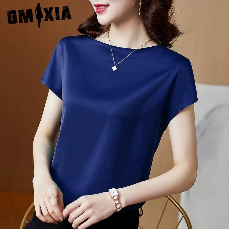GMXIA Women's Fashion Casual Solid Color Print Short Sleeve O Neck Blouses & Shirts