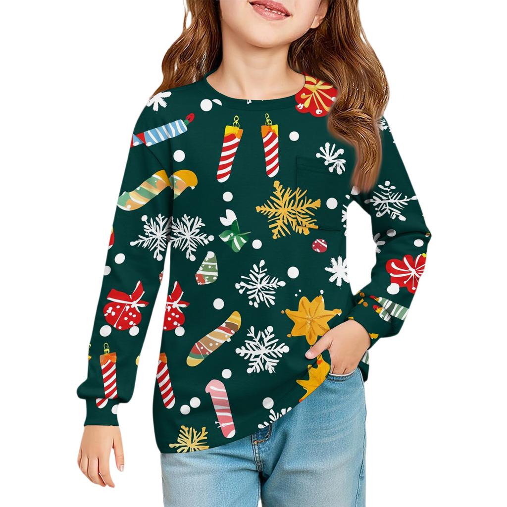 Christmas Day Girls' Long Sleeve Blouse - Round Neck Soft Waist Tunic