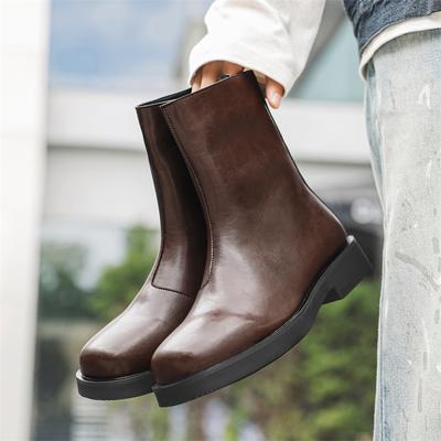 Fashion Side Zipper Ankle Boots Men's Casual High Top Shoes All-match Men Winter Plush Snow Boots Leather Fashion Motorcycle Boots Men