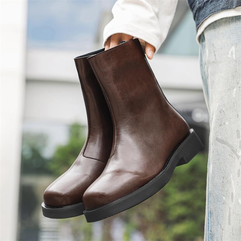 Side Zipper Ankle Boots Men's Casual High Top Shoes All-match Men Winter Plush Snow Boots Leather Motorcycle Boots Men