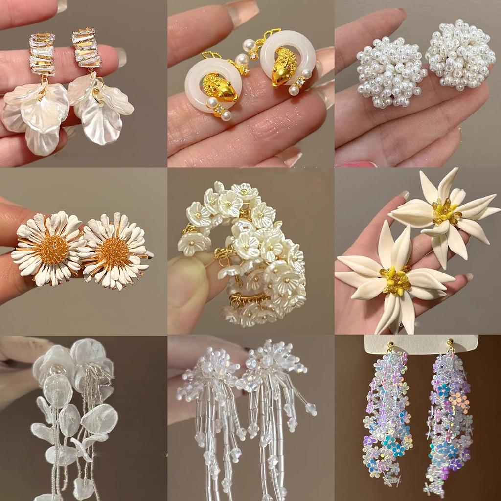 Silver needle French retro flower pearl fringed earrings personality sweet temperament stud earrings women