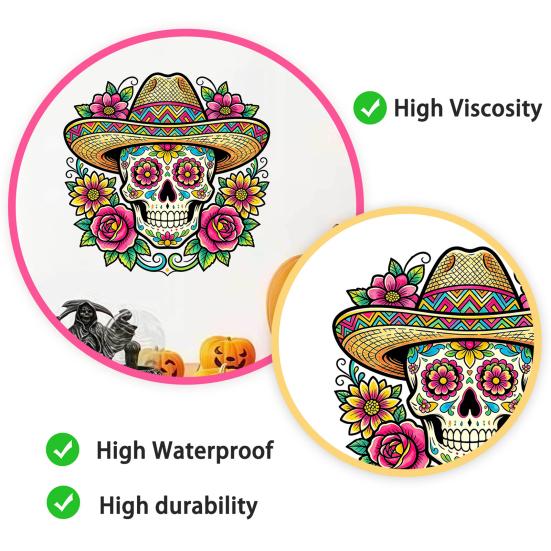 Dia De Los Muertos Window Clings Flower Skull Wall Sticker, Day of The Dead Decorative Mexican Style Festival Ornaments Decals, Waterproof PVC