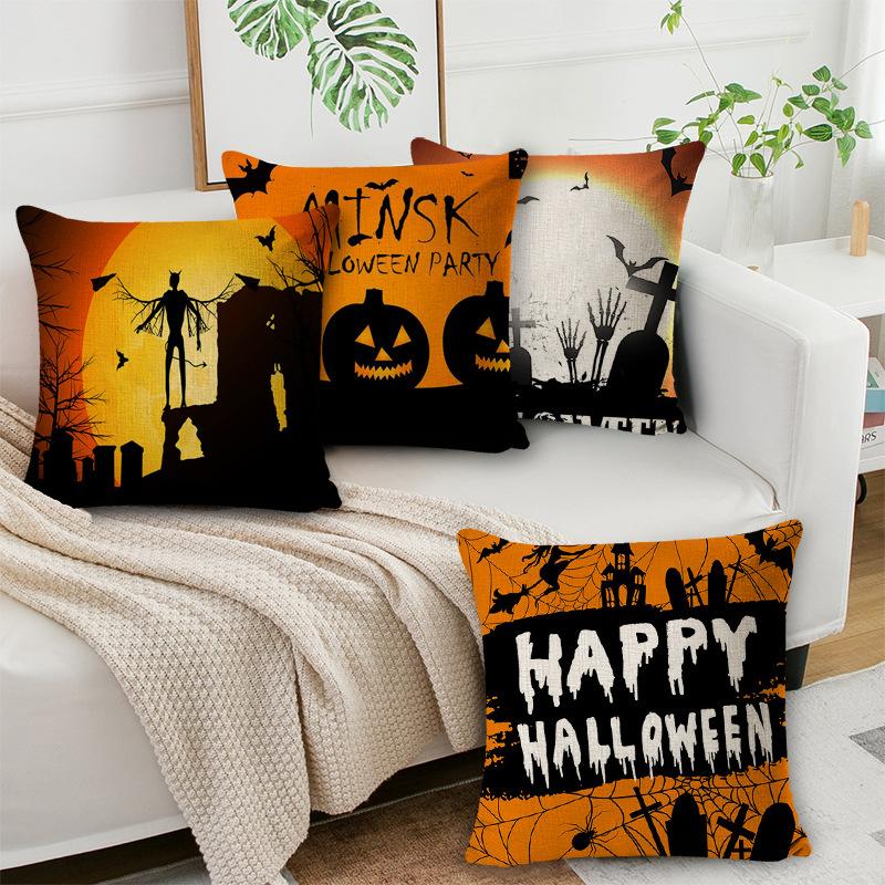 Halloween Throw Pillow Cover Linen Print Halloween Home Decor Cushion Cover Sofa Cushion Back Cushion