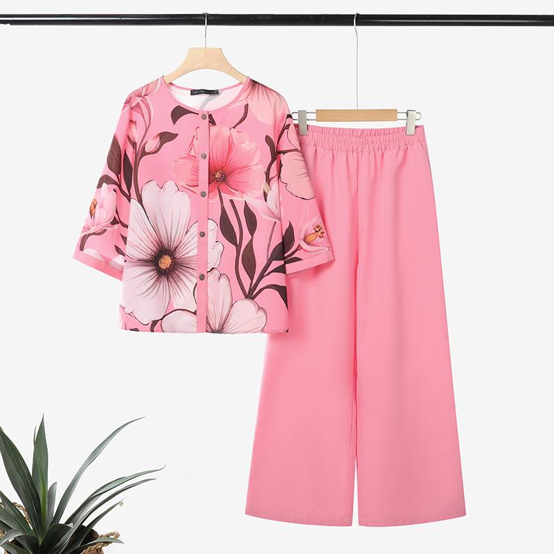 ZANZEA Women 3/4 Sleeve Print Blouse and Pants Casual Two Piece Suit Sets