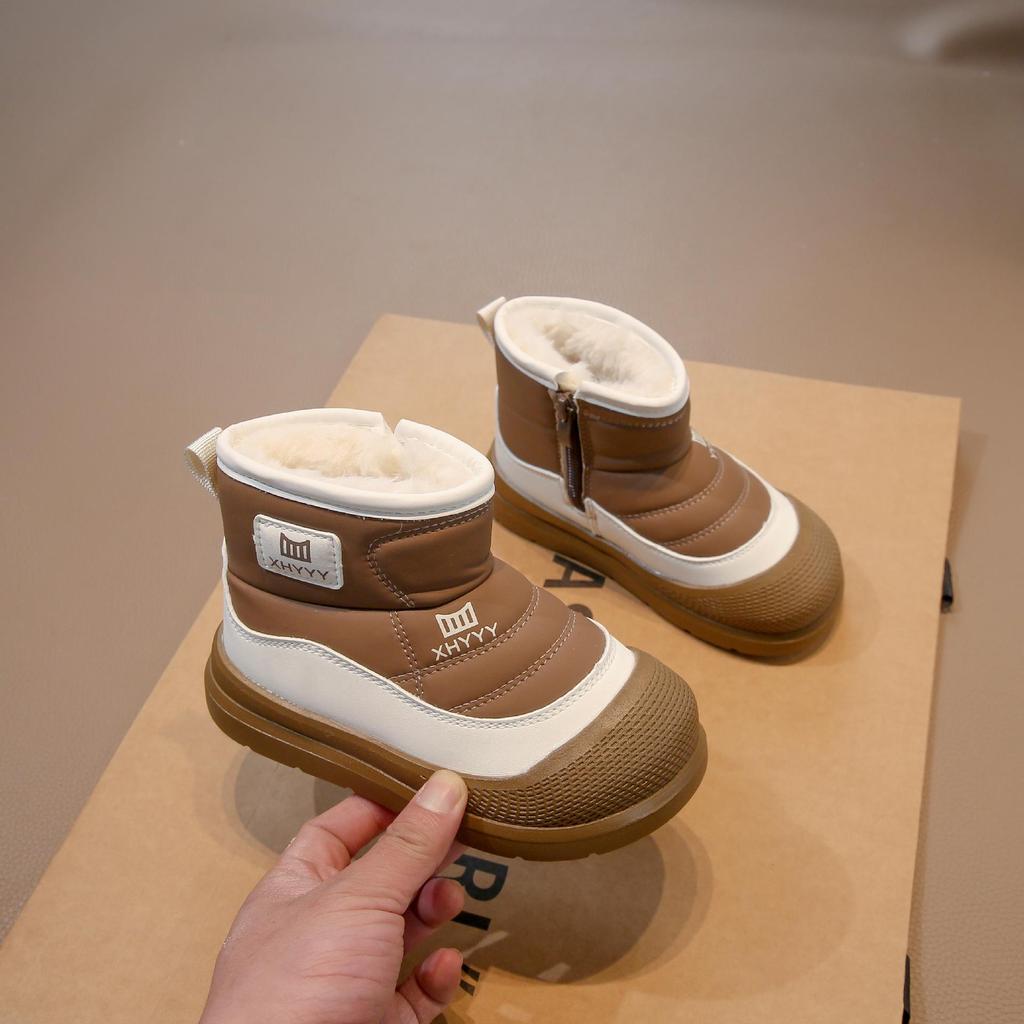 2025 Vinter Gutter Velurfôret Bomull Snøstøvler, Tykt Lær og Pels, Kort Modell for Store Barn