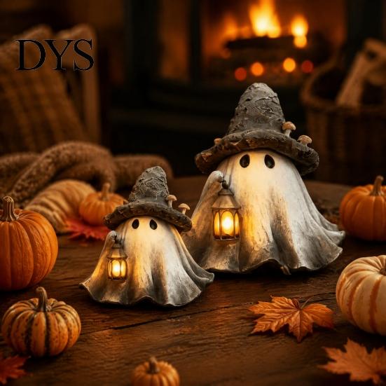 Unique Holiday Collection Item Halloween Ghost Wizard Hat Resin Figurine with LED Lantern, Vintage Witch Glowing Sculpture for Desk Holding