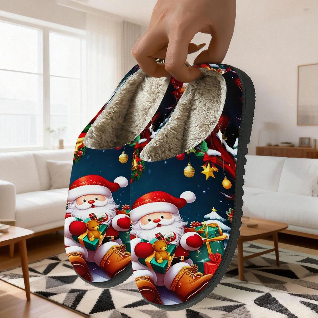 Unisex Christmas Print Cotton Slippers - Warm for Autumn/Winter Home Use