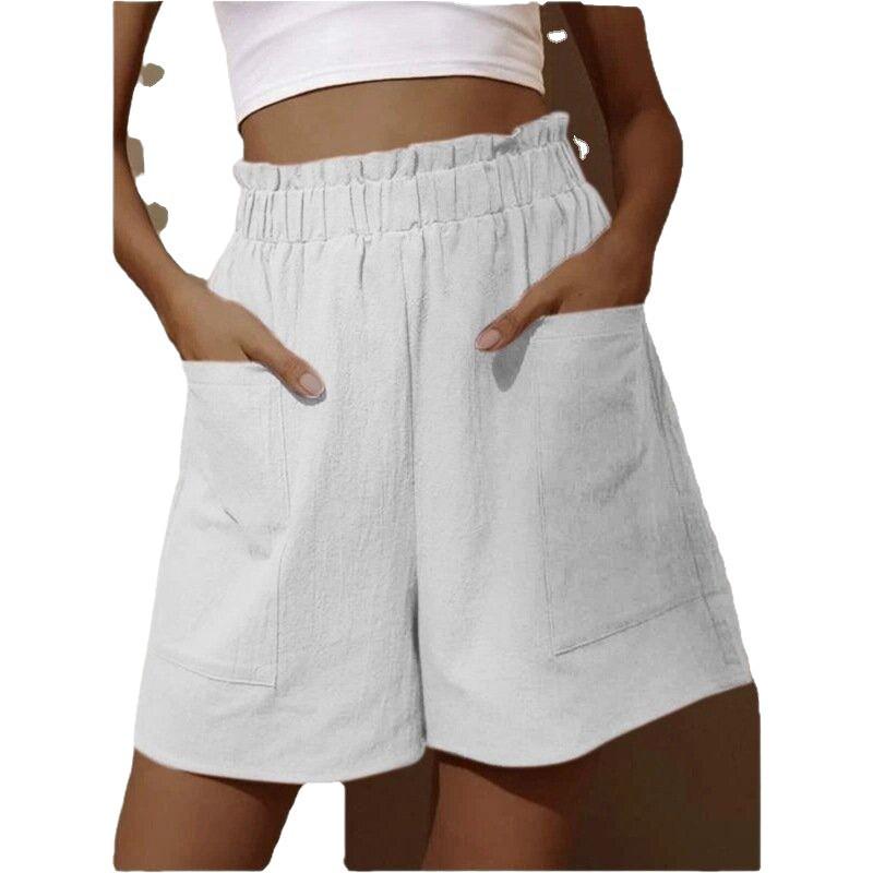 

2025 Summer Cotton Linen Wide-Leg High Waist Plus Size Casual Shorts for Women L білий
