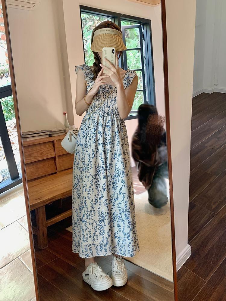 Summer New Korean Sweet Wind Girl Small Fresh Floral Dress Women s High Waist Small Flying Sleeve Long Dress s [premium quality]
