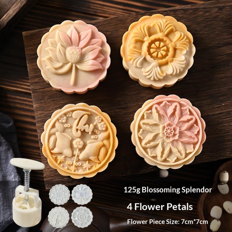 Plastic Hand Press Mooncake Mold No Oil Demold Needed with Multiple Pattern Stamps for Home Beginner Baking
