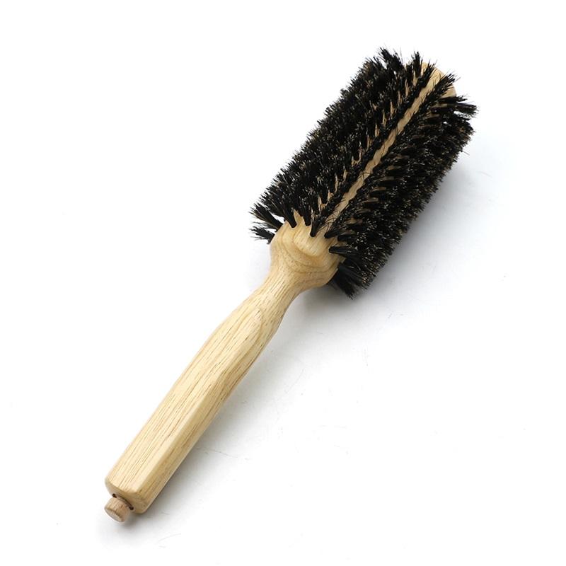 Spazzola rotonda con setole di cinghiale con manico in legno da 6 misure, coda rimovibile, professionale, per parrucchiere, barbiere, pettine rotondo