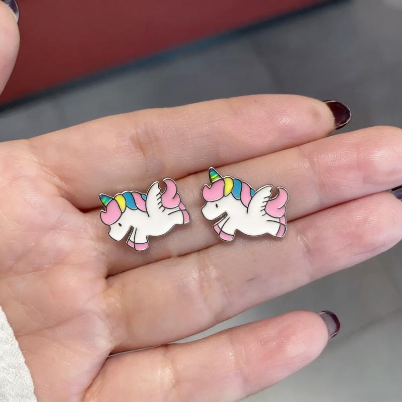 Beixi S999 Silver Needle Unicorn Stud Earrings - Cute Rainbow Pony Design for Girls and Students