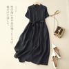 2025 summer new retro cotton and linen dress women's short-sleeved lapel tie waist solid color pendulum dress