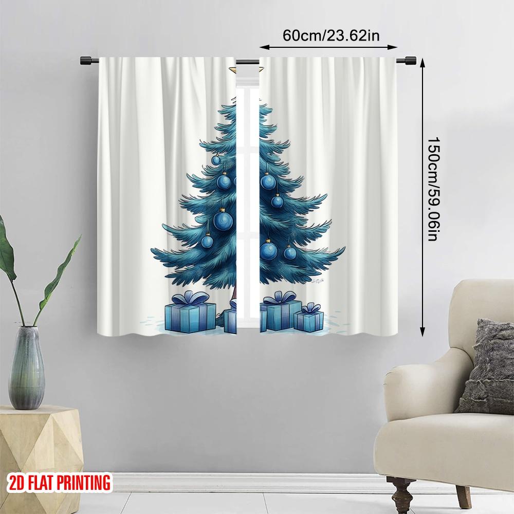 2pcs,2D Plane Printing Curtains Roller Blinds Blue Christmas Tree Gifts (3) Polyester Fabric (without Rod) Decorations Outdoor