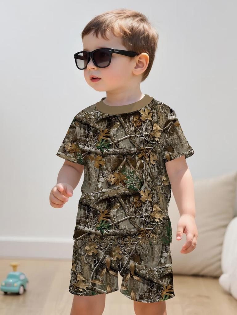 Camouflage Hunting Boys Set Forest Print Sport Short Sleeve Shorts 2-Piece Set Trip Tactical Training Oversize Top Kids Clothing