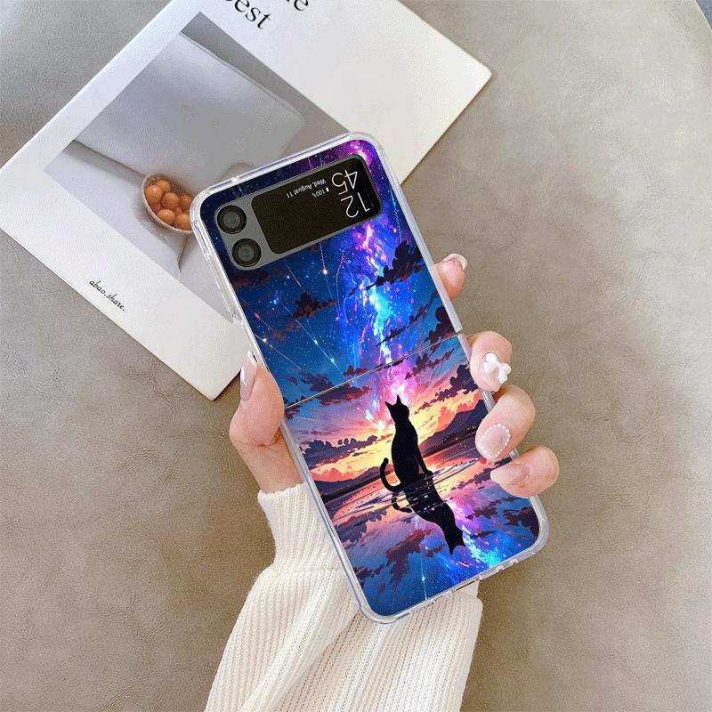 Oil Painting Black Cat Starry Sky Phone Case for Samsung Galaxy Z Flip 7 Flip 6 5 4 3 5G Folding Cover for Z Flip7 Flip5 Fundas