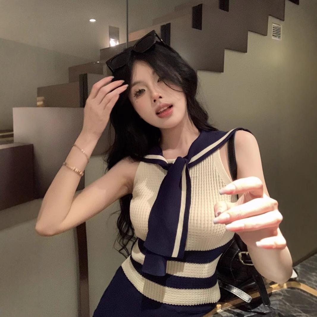 

Sweet & Spicy Women s Navy Collar Knitted Tank Top - Slimming, Sexy, Preppy Summer Style One Size [Recommended for up to 125 lbs]