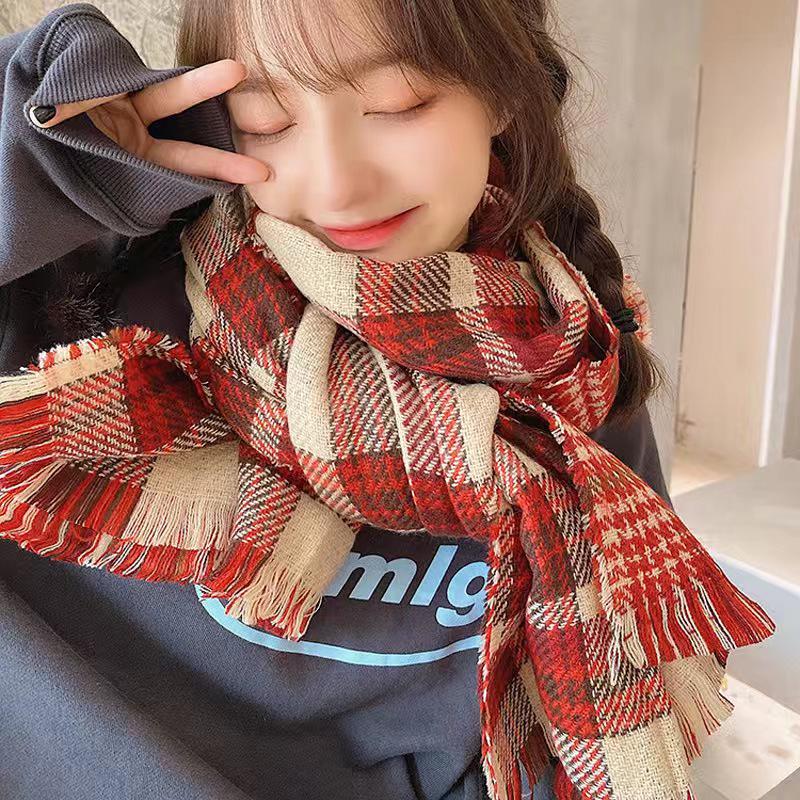 Korean Christmas Style Double-Sided Plaid Imitation Cashmere Scarf - Warm & Retro for Autumn/Winter.
