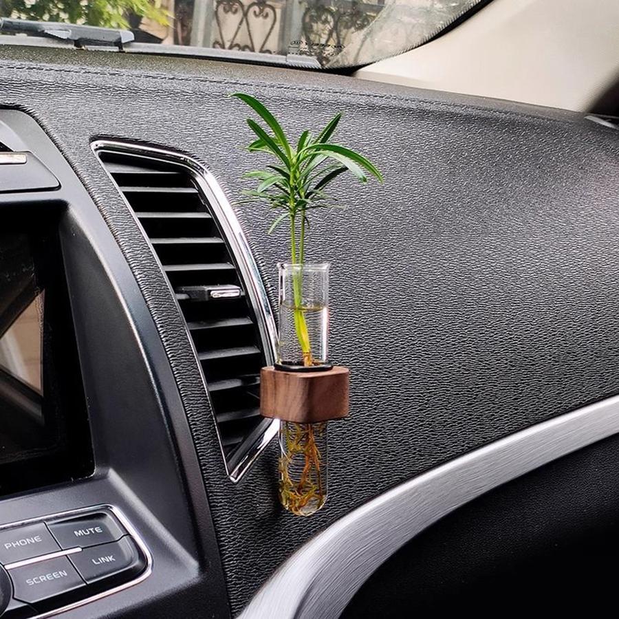 Stable Mini Car Flower Vase Clip Elegant Adjustable Car Vent Flower Vase Walnut and Glass Creative Car Vent Decor Dashboard