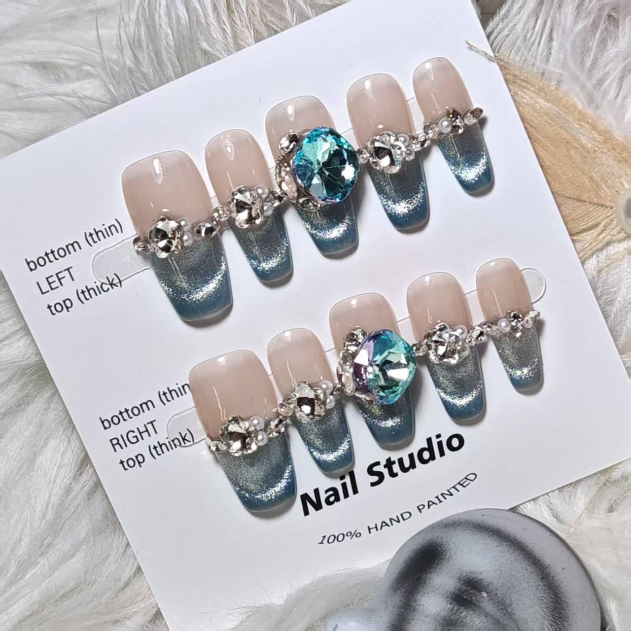 

Handmade Wearable Nails - Nude Gradient Blue, Cat Eye Pearl, Diamonds, Swan Design Extra Small XS