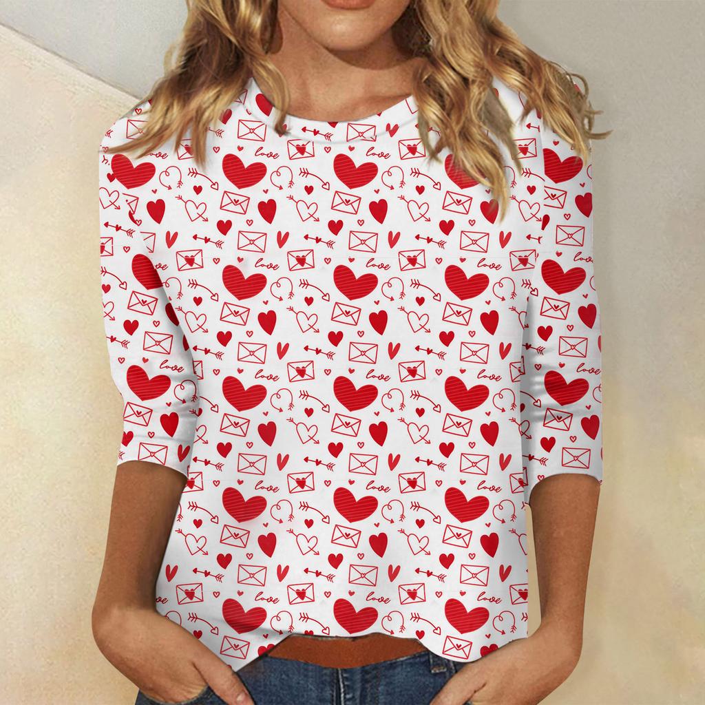 Women's Tops Three-quarter Sleeve Valentine's Day Shirt Round Neck Loose Casual Shirt