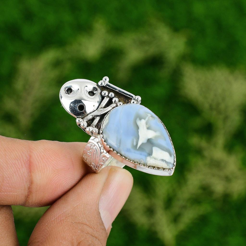 Natural Owyhee Blue Opal Skull And Bone Adjustable Ring 925 Silver For Women
