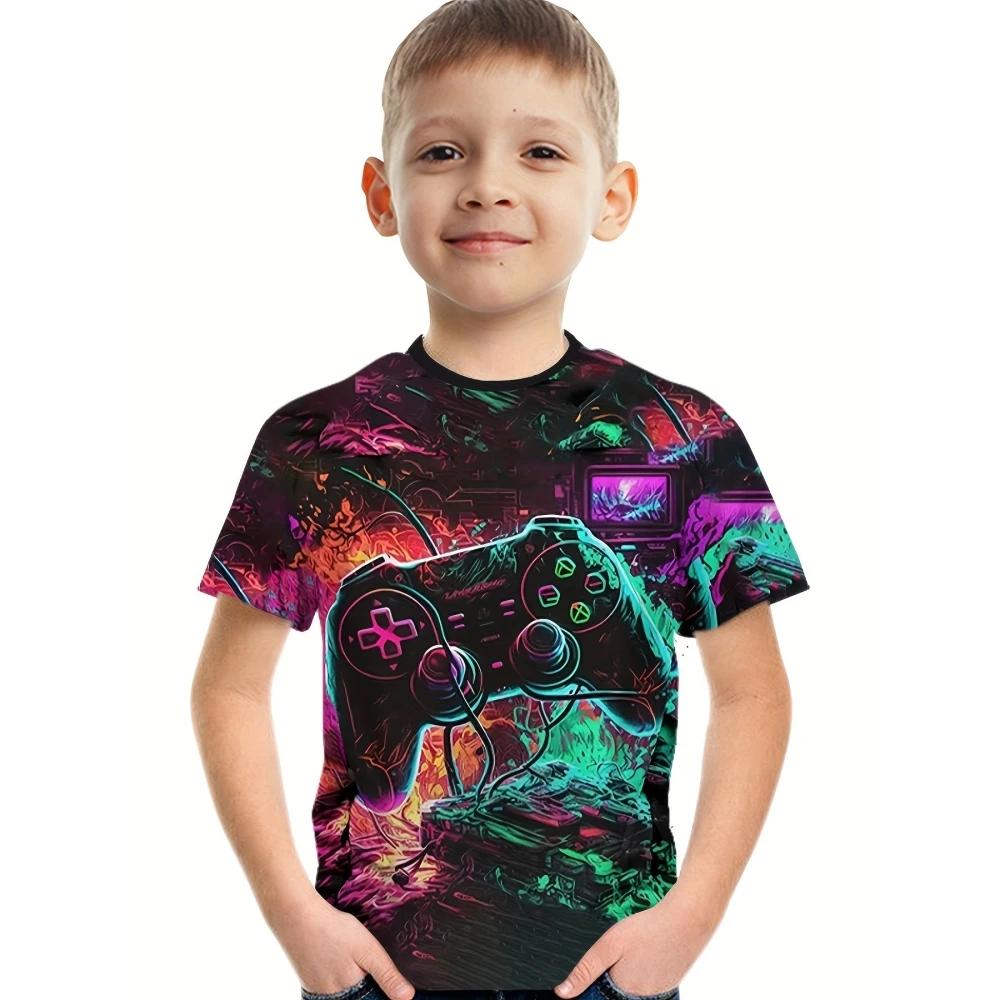 T-Shirt for Kids 3D Print Gamepad Doodle Boy's T-shirts Casual Round Neck Short Sleeves Tees Tops Summer Girl Clothing