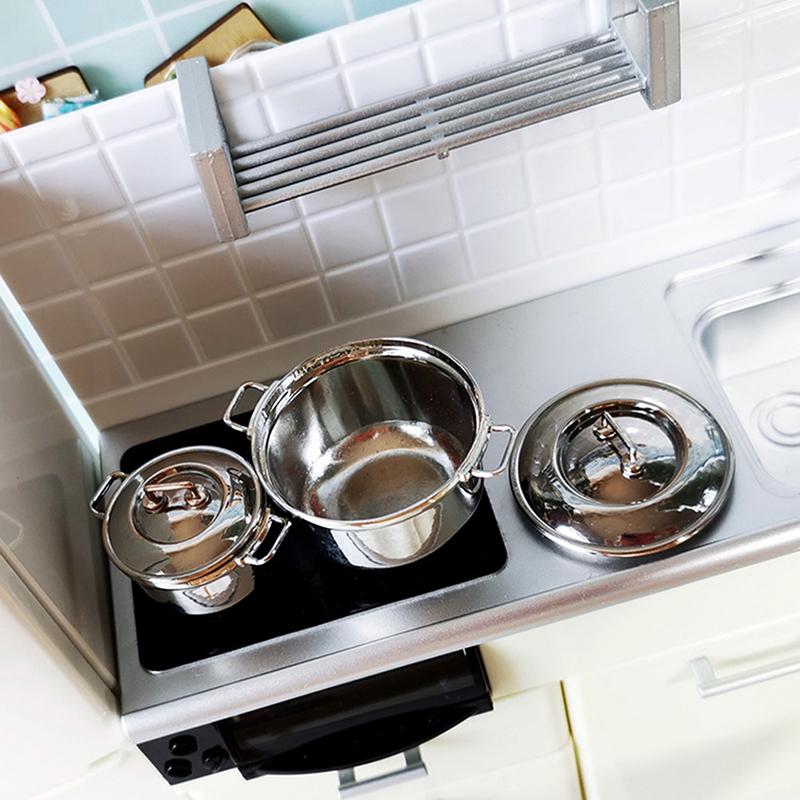 New 1/12 Dollhouse Miniature Imitated Stainless Steel Casserole Kitchen Cookware