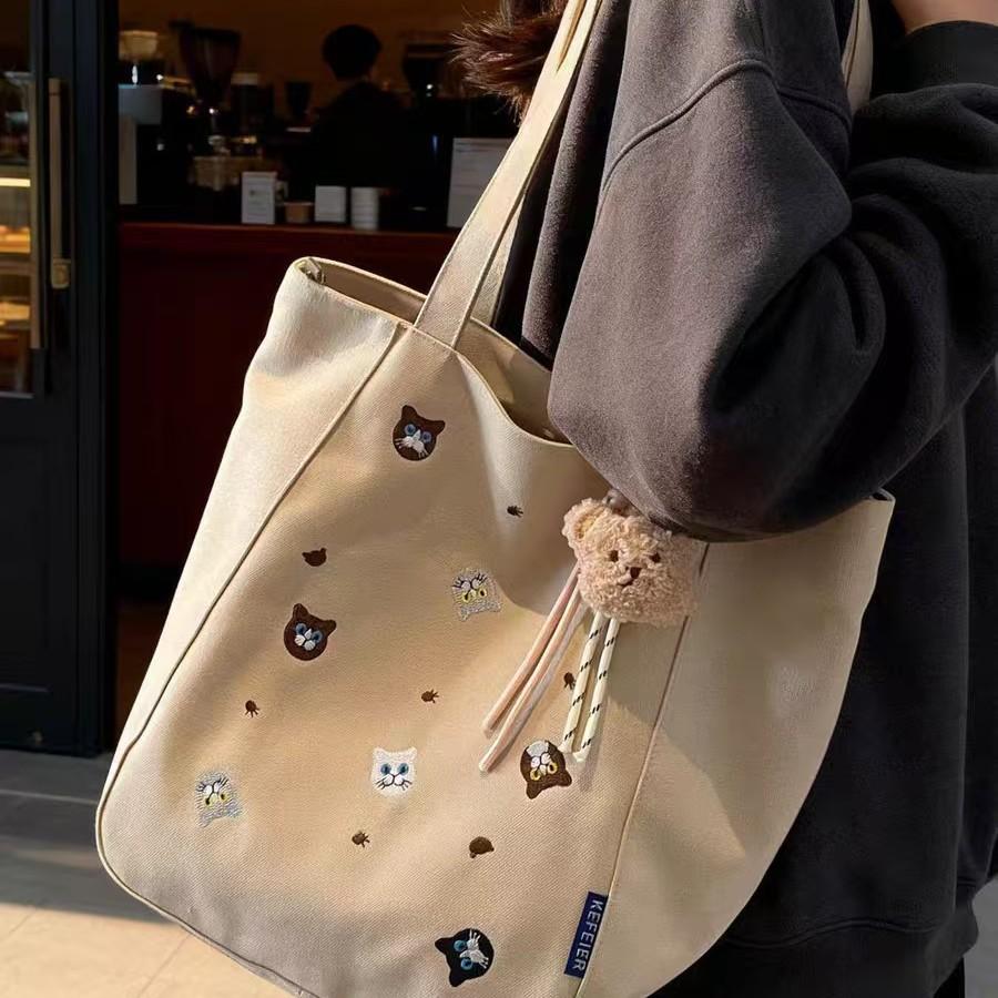 Cute Embroidery Cartoon Canvas Shoulder Bag Simple Casual Large Capacity Vintage Commuter Tote for Women