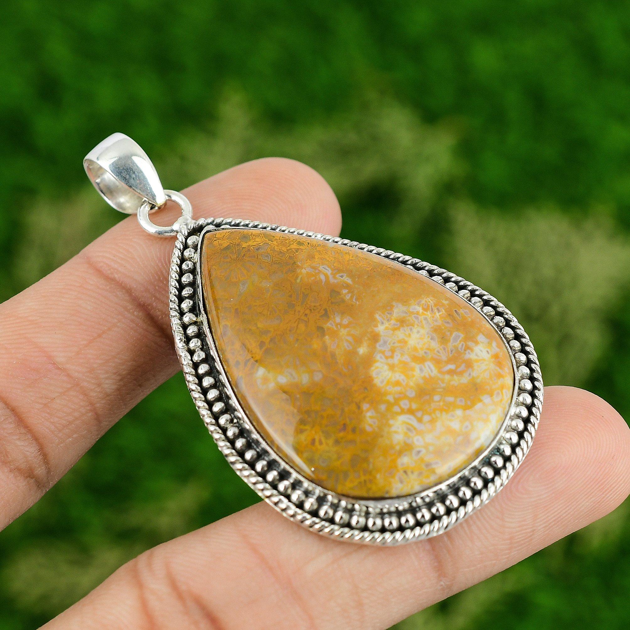 

Daughters Day Deal Natural Fossil Coral Sterling Silver Handmade Trendy Pendant