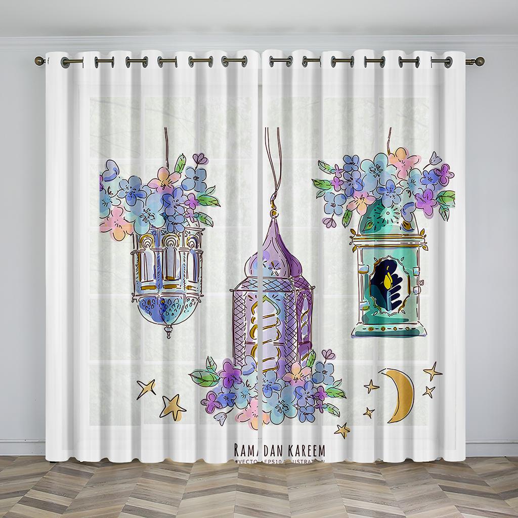 Hot Selling Eid Mubarak Lslamic Muslim Ramadan Festival Shading Drapes Window Curtain for Living Room Bedroom Decor 2 Pieces