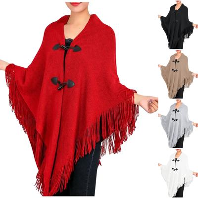 Women's Fashion Autumn/winter Thick Tassel Cape Horn Buckle Solid Color Cape Coat