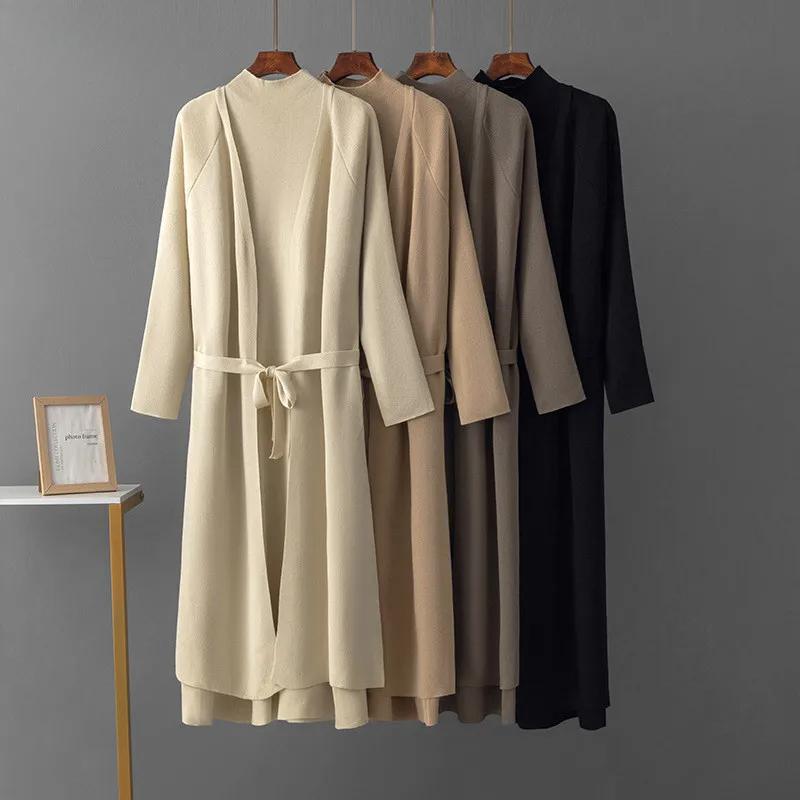 Elegant Solid Knitted 2 Piece Sets Women O-neck Sleeveless Knitwears Pullover Dress Conjuntos Long Sleeve Sweater Cardigan Suits