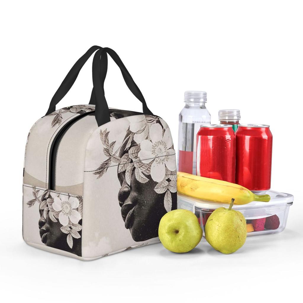 White Flower Black Woman Insulated Lunch Bag for Women Children Portable Food Boxes Thermal Lunch Box Tote