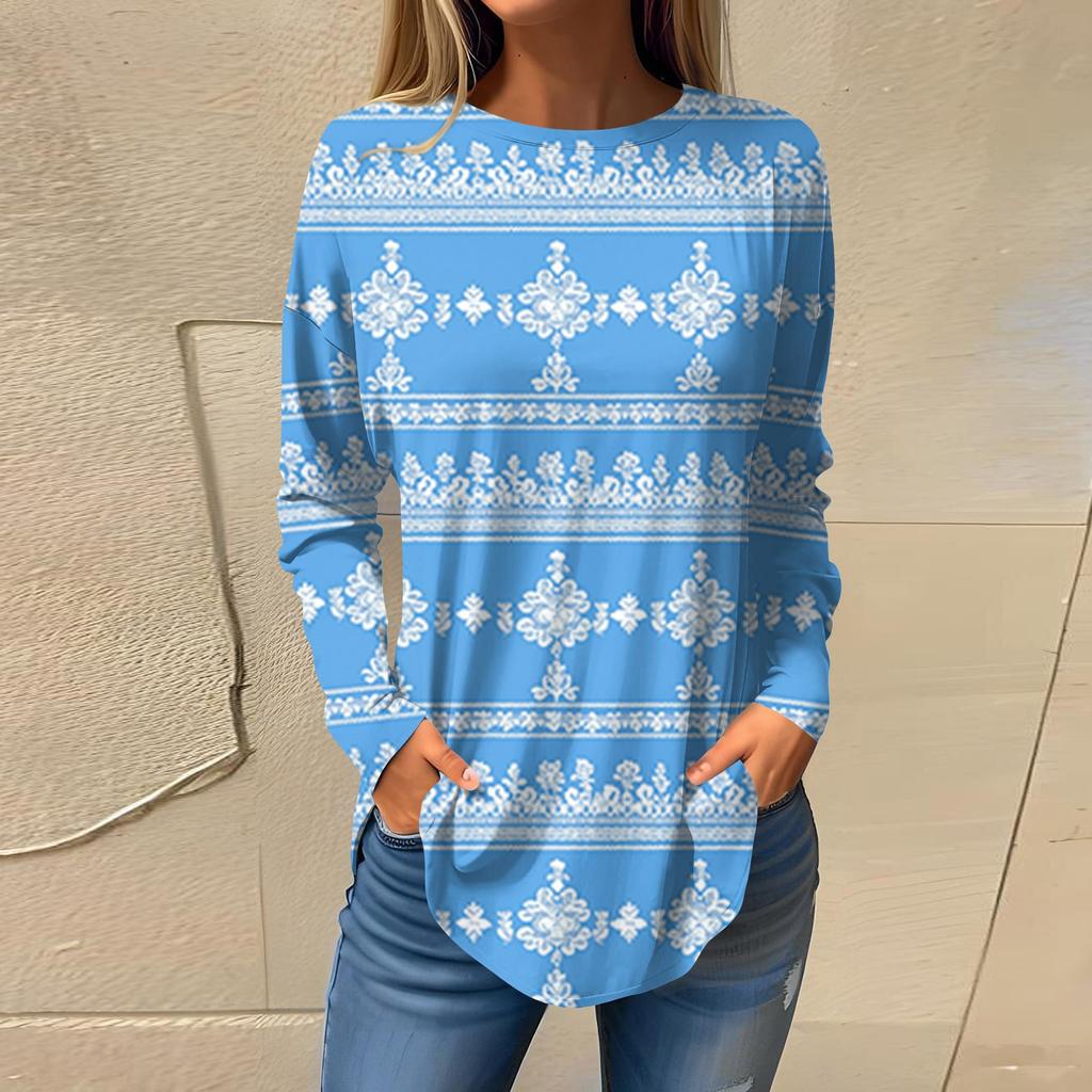 Women's  Loose Casual Flower Printed Round Neck Long Sleeved T Shirt Top Pullover Long Sleeved Sweatshirt