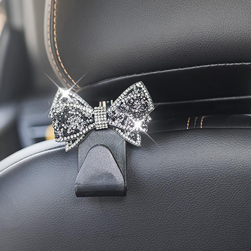 Car Headrest Hooks Shiny Rhinestone Bow Ornament Super Load Bearing Sturdy Universal Auto Hangers for Groceries Handbags Clothes