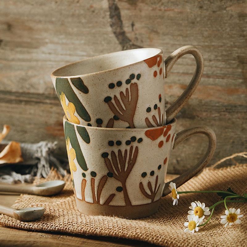 375ml Ceramic Coffee Mug Tea Cup Flower Plant Porcelain Coffee Cups Milk Tea Mug Retro Pottery Handmade Cup for Coffee Drinkware