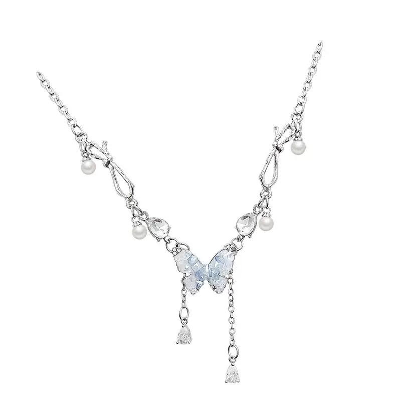 Gradual Change Blue Butterfly Fringed Necklace Accessories Women's Summer 2025 New Clavicle Chain Light Luxury Niche High-end Neck Chain