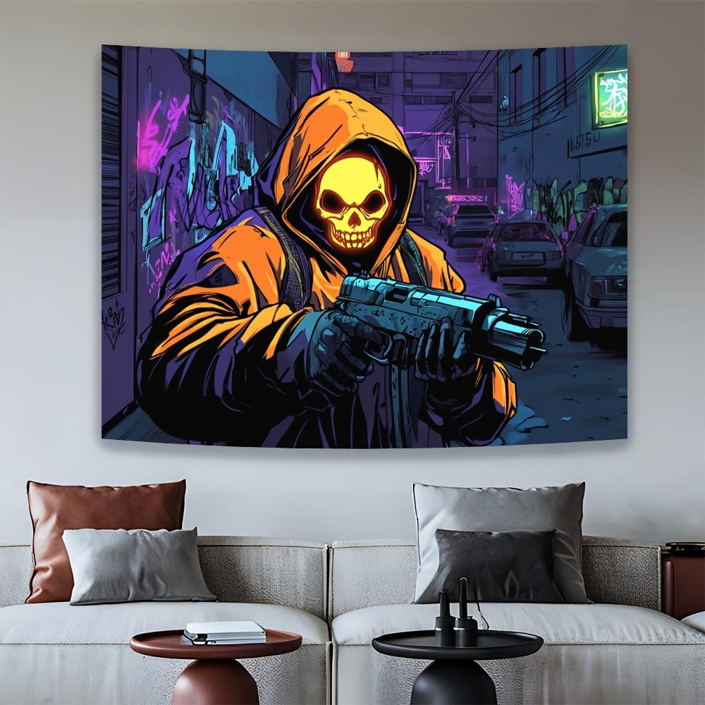

1pc Neon Hooded Skull with Gun Wall Tapestry Glam Style Polyester Backdrop for Living Room Bedroom Office Party Decor 74x94cm(29x37in)