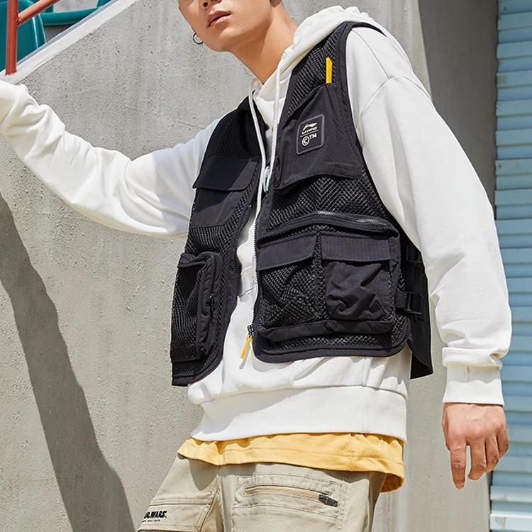 Li Ning X Chinatown Market Collaboration Utility Multi-Pocket Mesh Spliced Loose Vest Men Vests Black AMDR057-1