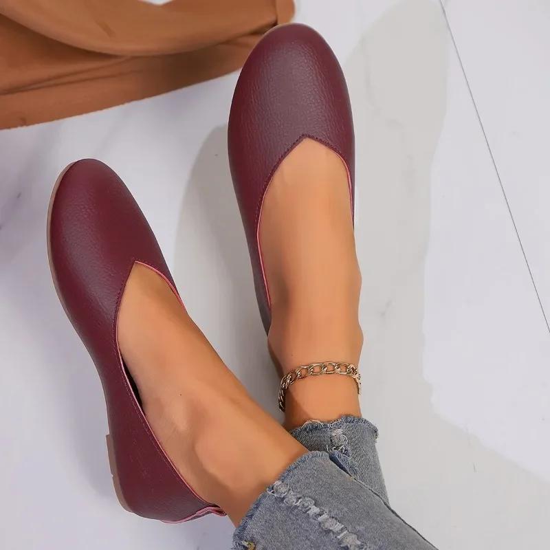

2024 Новые женские туфли на плоской подошве с закрытым носком, удобные туфли на плоской подошве с круглым носком для женщин, Zapatos 43 вино красного